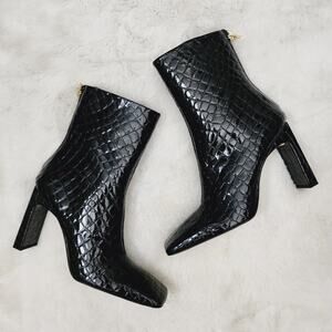 NEW Good American Black Patent Croc Embossed Leather Ankle Boot